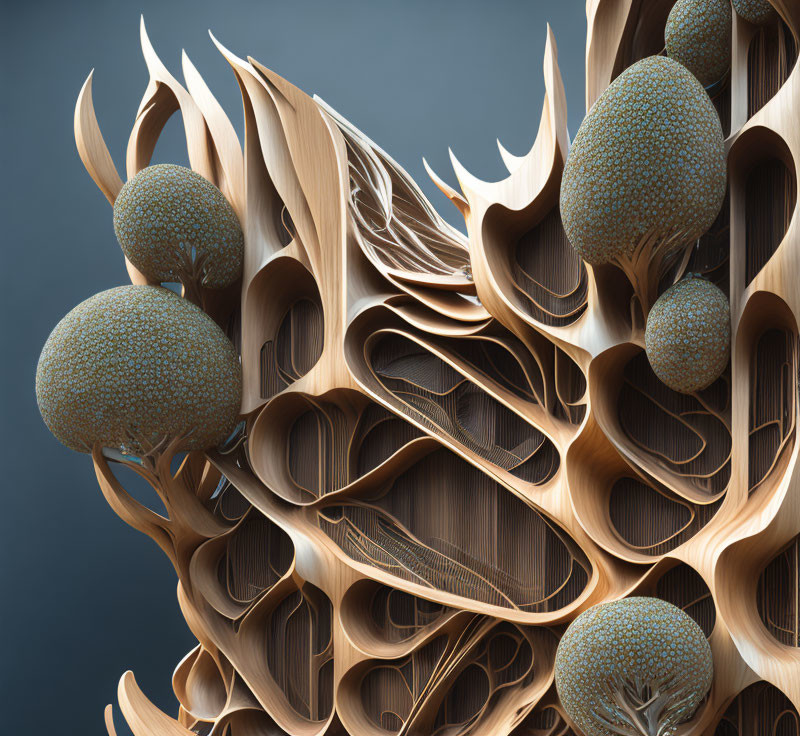 Abstract 3D Rendering with Organic Shapes and Wooden Layers