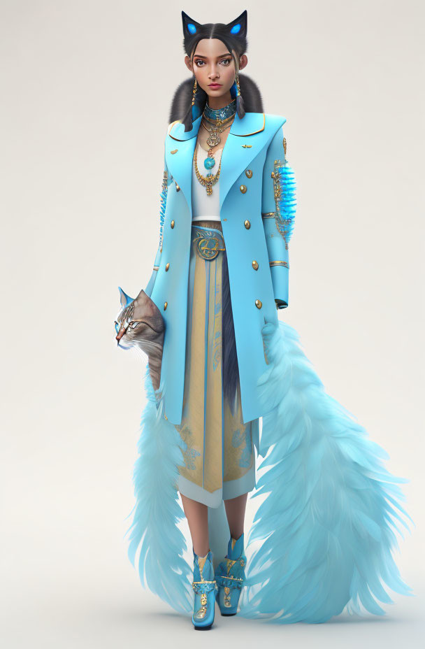 Elegant 3D illustration of woman with feline features in turquoise and gold outfit