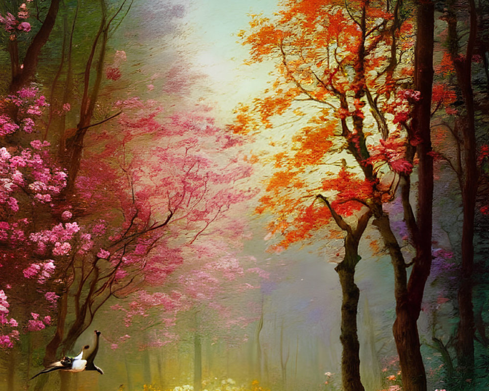 Colorful woodland scene with pink and orange blossoming trees and yellow wildflowers