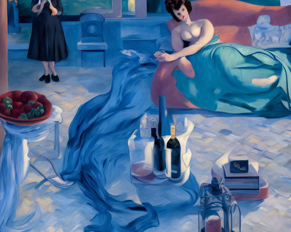 Two women in a night room with green dress, violin, bottles, lantern, and fruit bowl.