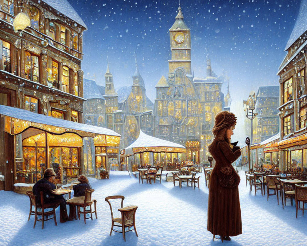 Snowy Evening Outdoor Cafe Scene with Woman in Brown Coat and Illuminated Clock Tower