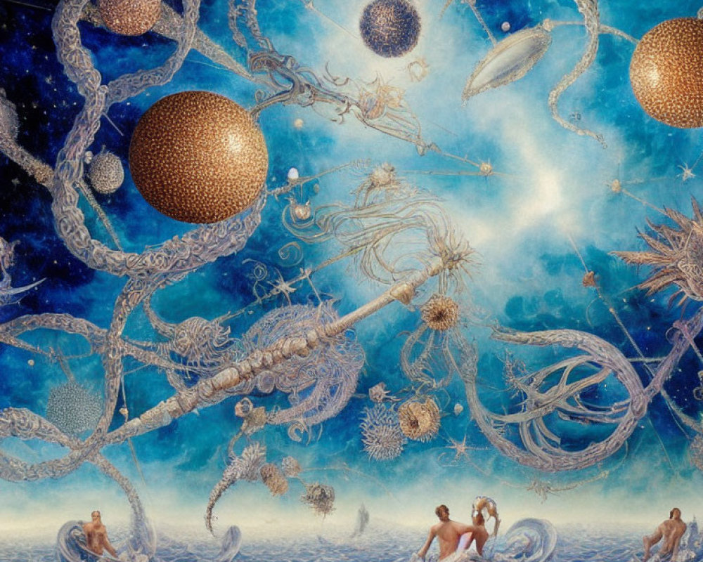 Surreal cosmic painting with human-like figures in blue ocean