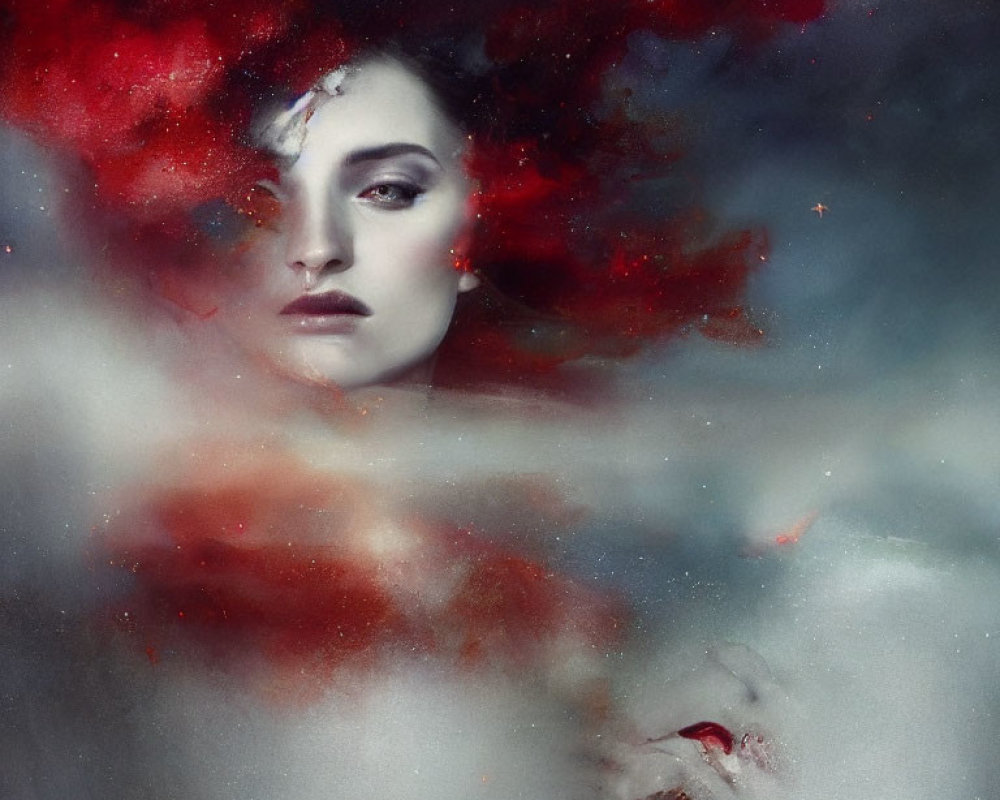 Portrait of woman with pale skin, dark hair, and red smoky swirls.