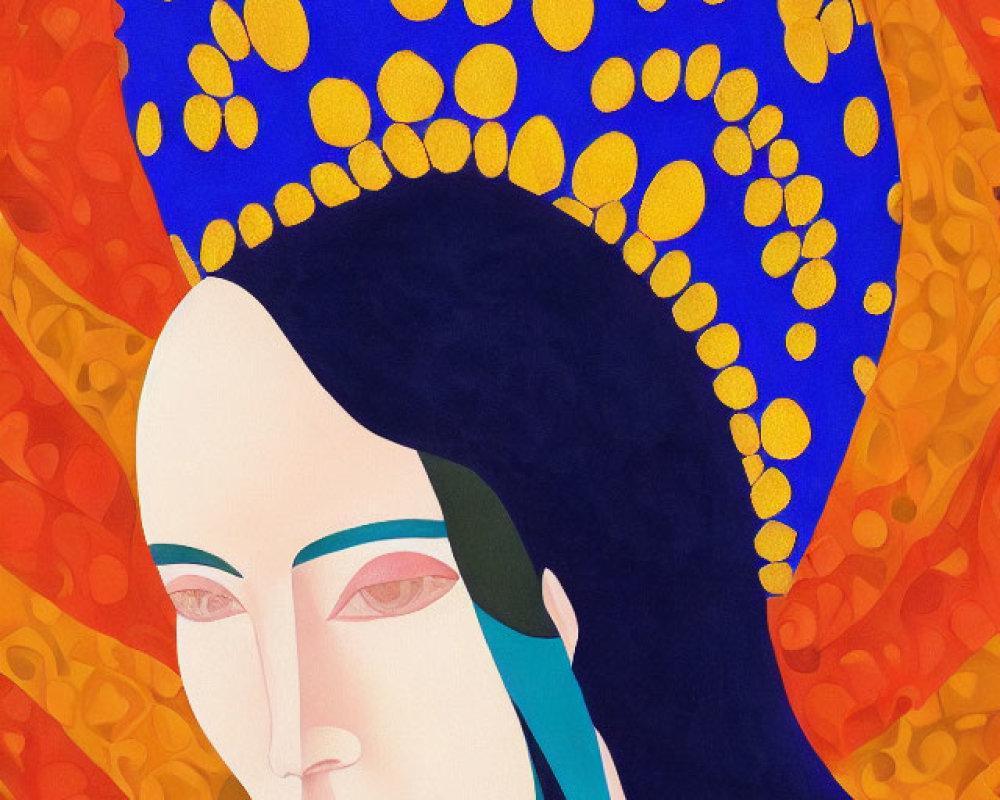 Vibrant illustration of woman with blue and gold headpiece on red-orange backdrop