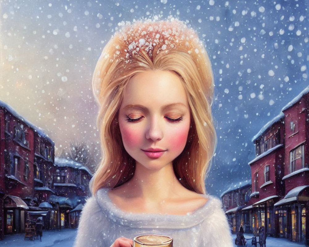 Woman with light hair holding coffee in snowy evening scene.