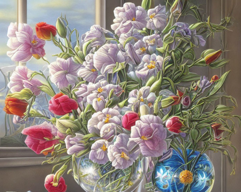 Colorful Still Life Painting with Flowers, Vase, Window, and Marbles