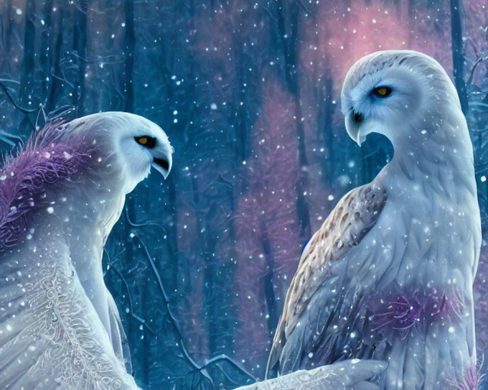 Majestic snowy owls with intricate feather patterns in a snowy setting