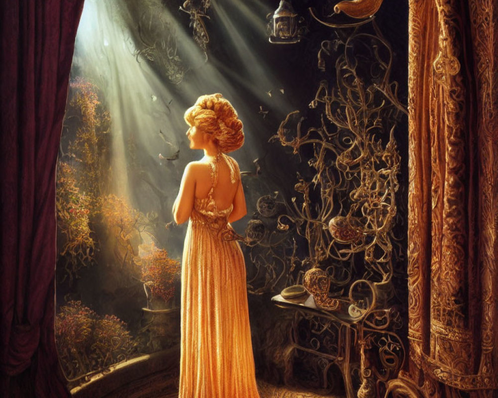 Woman in elegant orange dress looking out window at surreal landscape