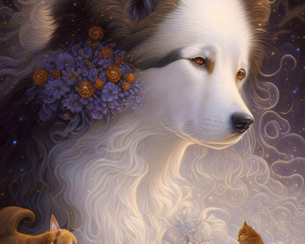 Ethereal illustration of giant white dog with floral adornment in snowy landscape