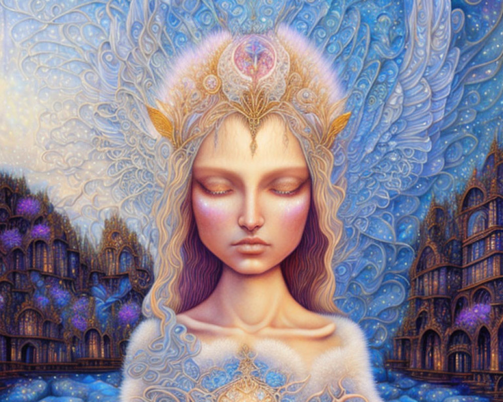 Fantasy illustration of woman with elaborate headdress and third eye