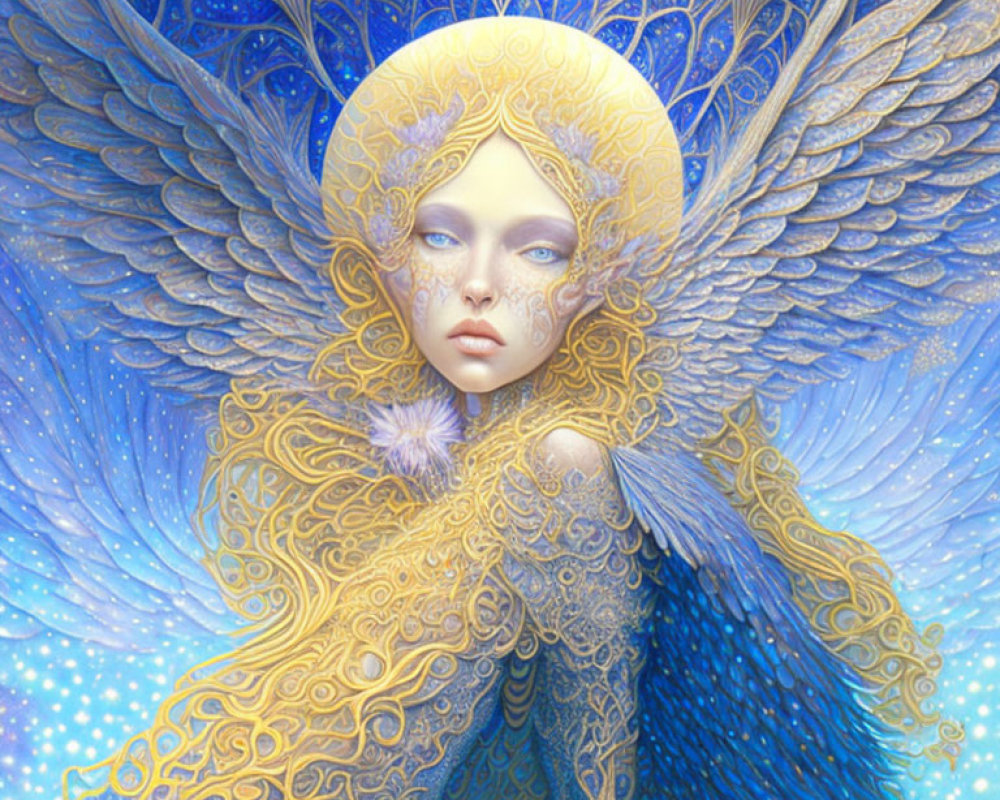 Fantastical creature with golden headpiece and blue wings holding a flower