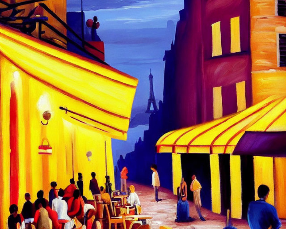 Vibrant street scene with outdoor cafes and Eiffel Tower view