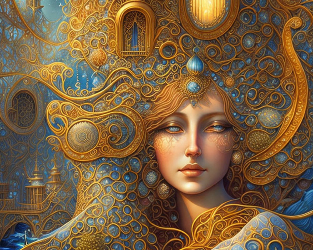 Surreal artwork of woman's face with golden patterns & architecture