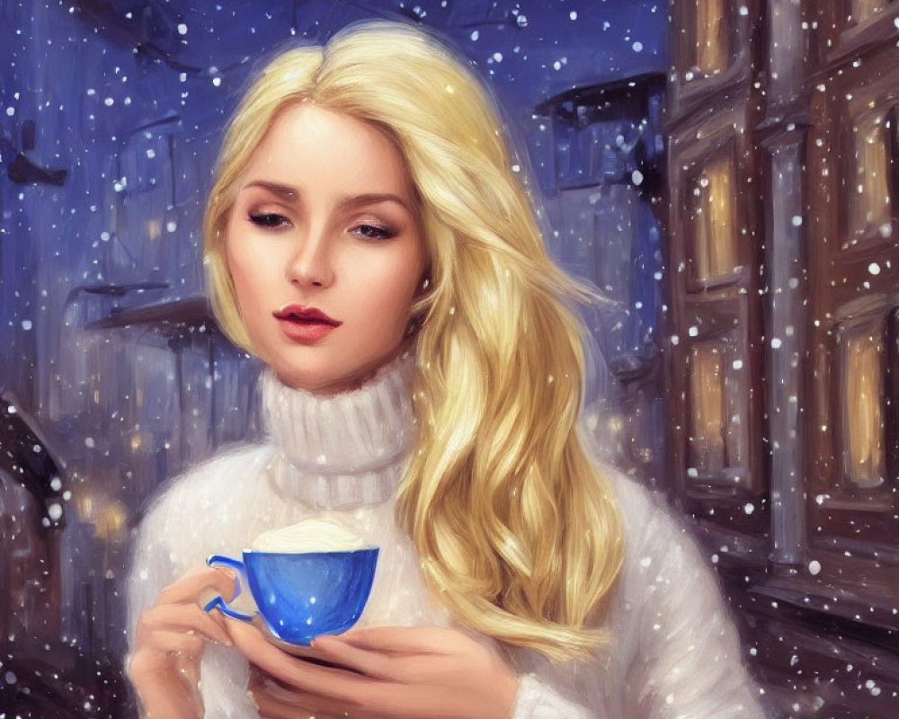 Blonde Woman in White Sweater Holding Blue Cup in Snowfall