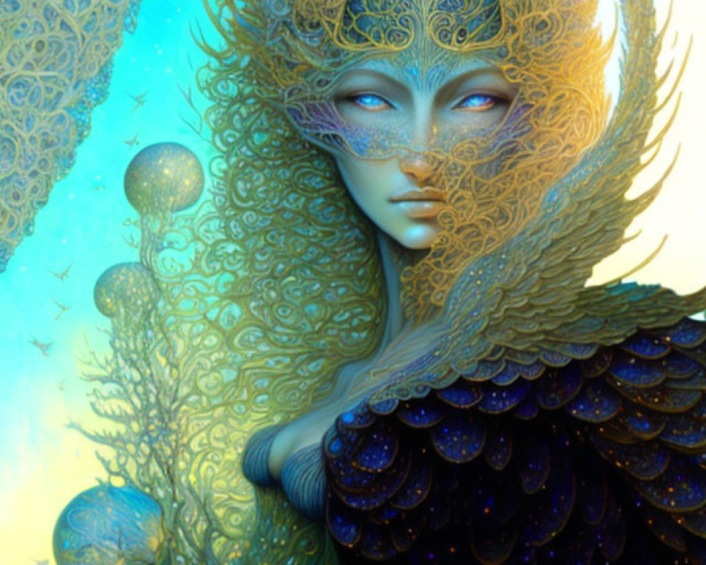 Intricate gold and blue headgear on ethereal figure in ornate feathery garments