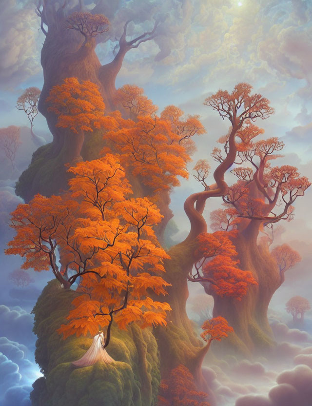 Enchanting forest with towering orange-leaved trees and misty ambiance.