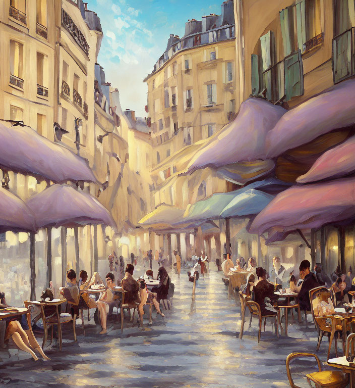 Impressionist-style painting of a bustling street café scene