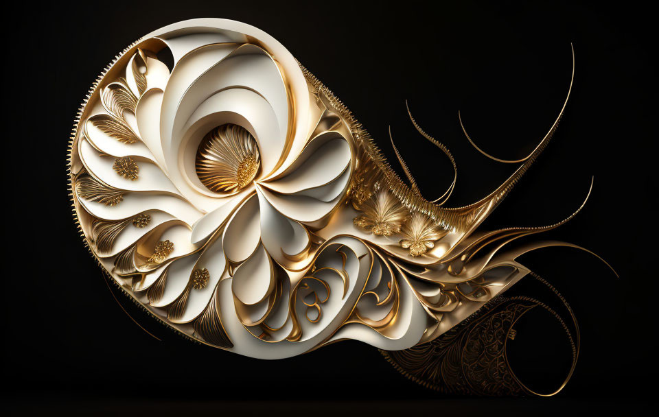 Stylized 3D Nautilus Shell with Golden Floral Patterns