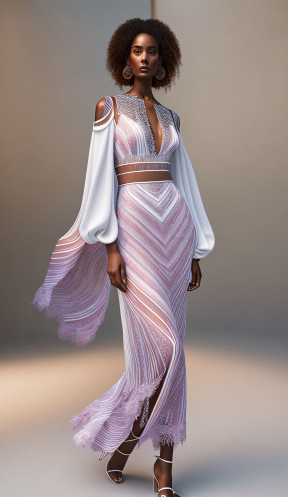 Fashion model showcases white and pink chevron pattern dress with dramatic sleeves and high slit.