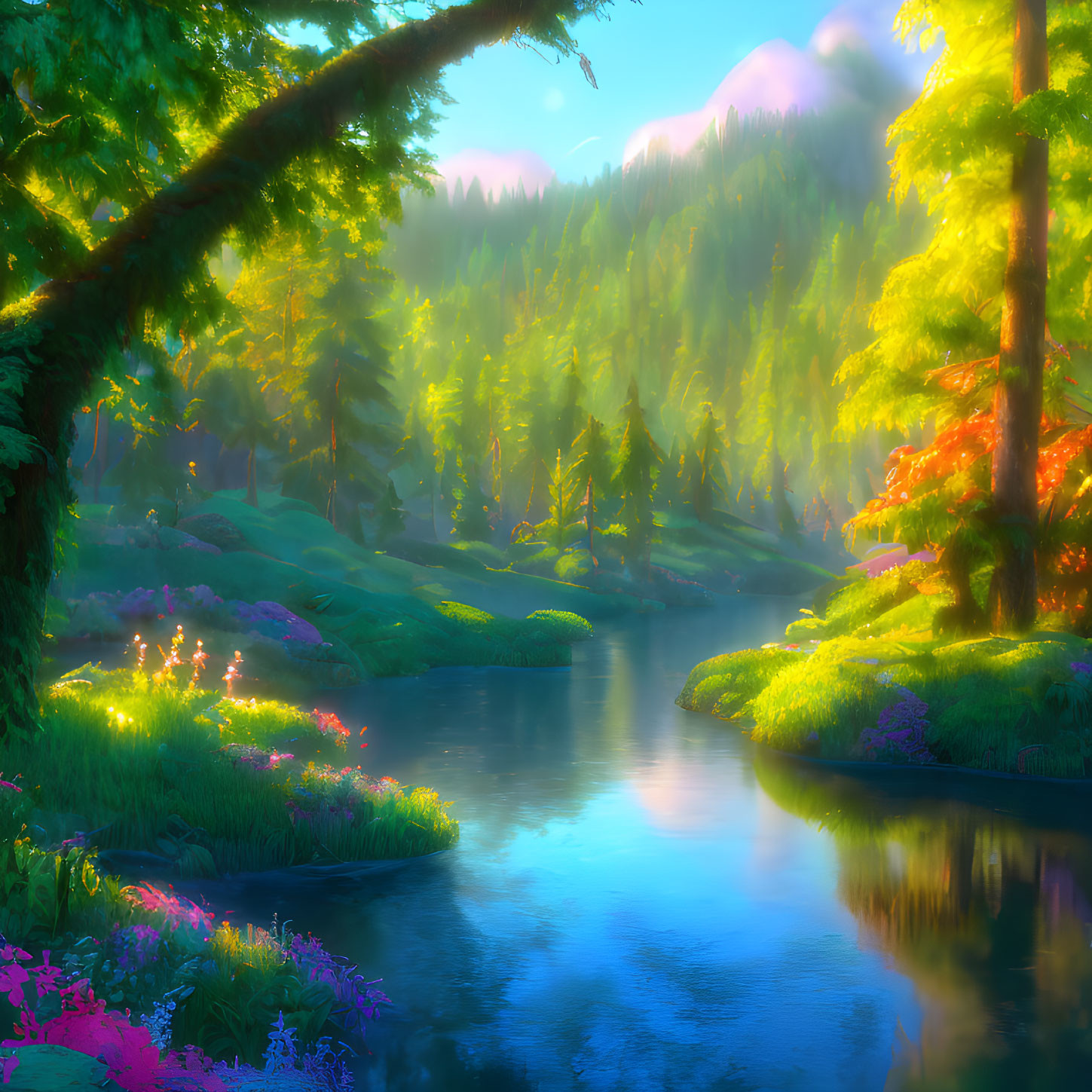 Tranquil digital landscape with river, greenery, flowers & misty mountains