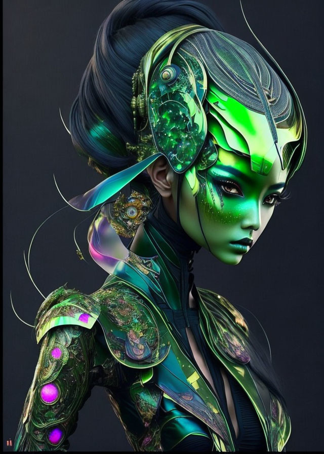 Green-skinned female in futuristic cybernetic armor with purple accents