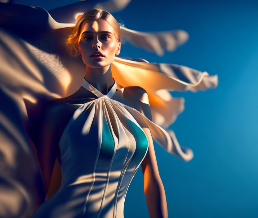 Blonde woman in white dress on blue background with flowing fabric effect