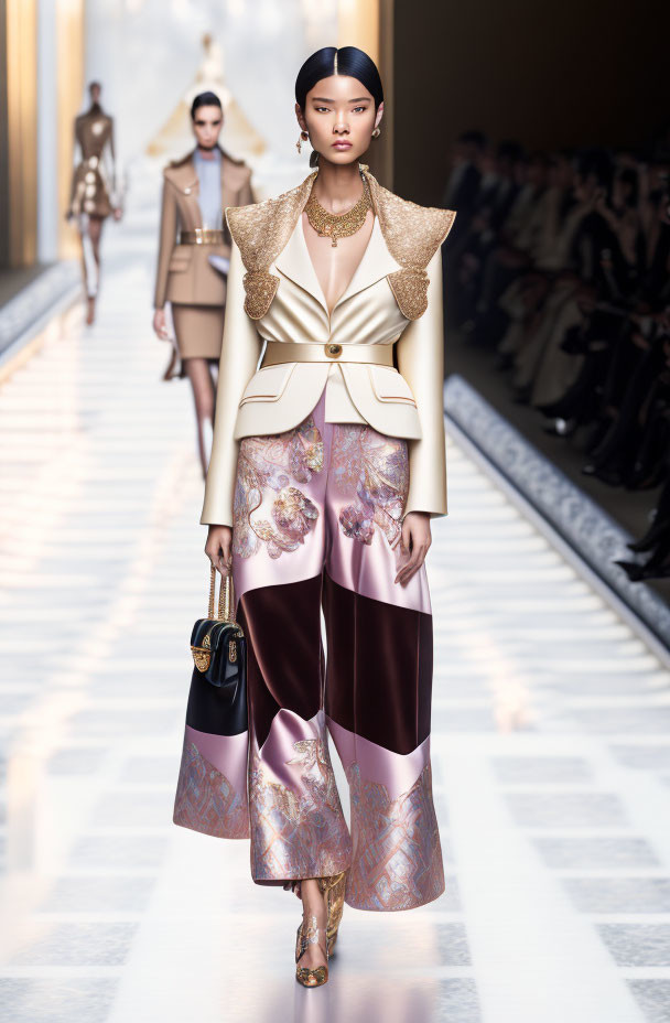 Fashion runway look: Cream blazer with gold shoulders, purple patterned trousers, layered necklaces.