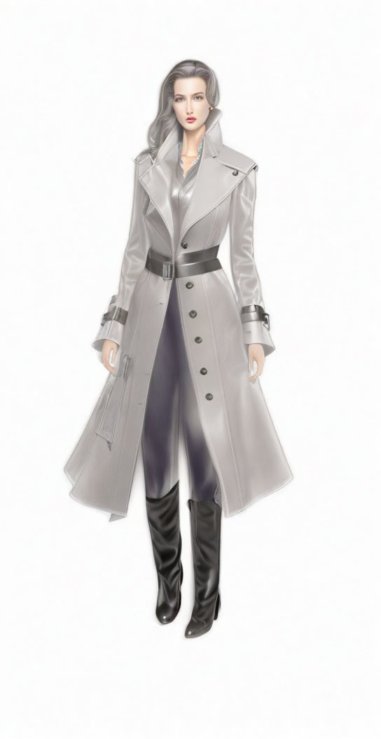 Silver-haired woman in gray trench coat, black boots & trousers