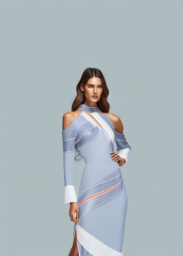 Fashionable woman in blue & white dress with shoulder cutouts on pale blue backdrop