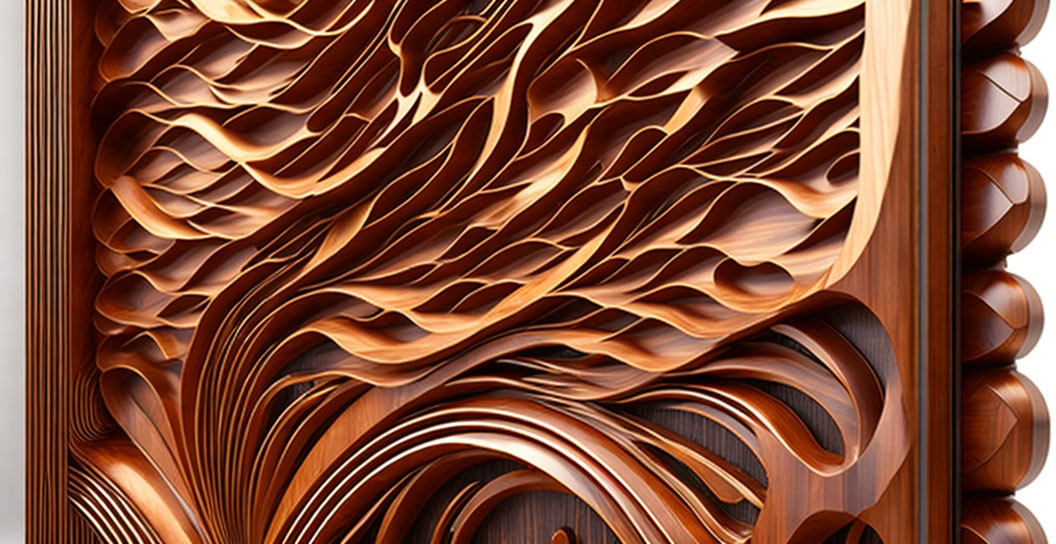 Intricate Wooden Sculpture with Wavy Layers and Rich Brown Tones