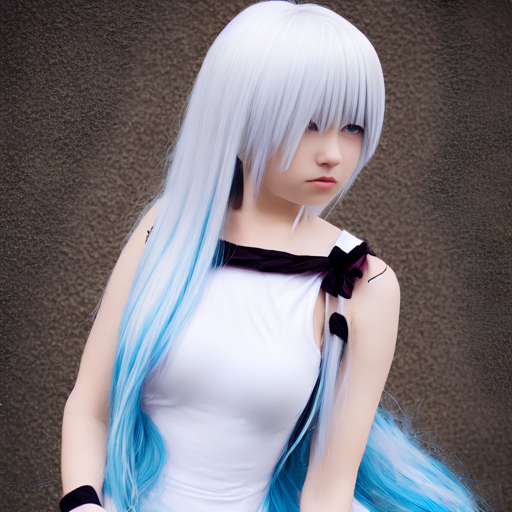 Long White and Blue Hair Individual in Sleeveless White Outfit with Black Accents