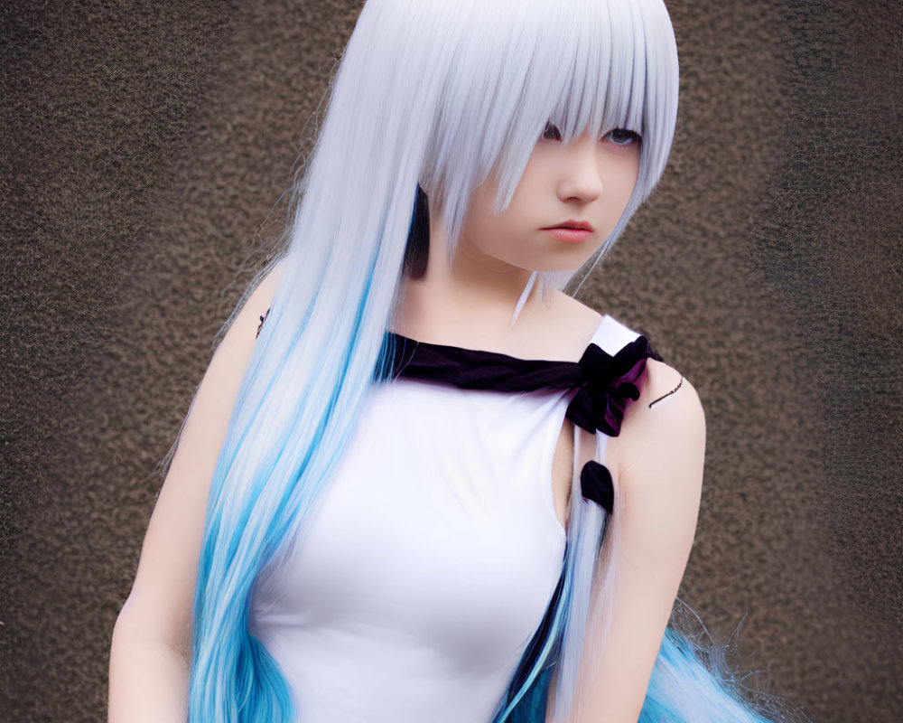 Long White and Blue Hair Individual in Sleeveless White Outfit with Black Accents