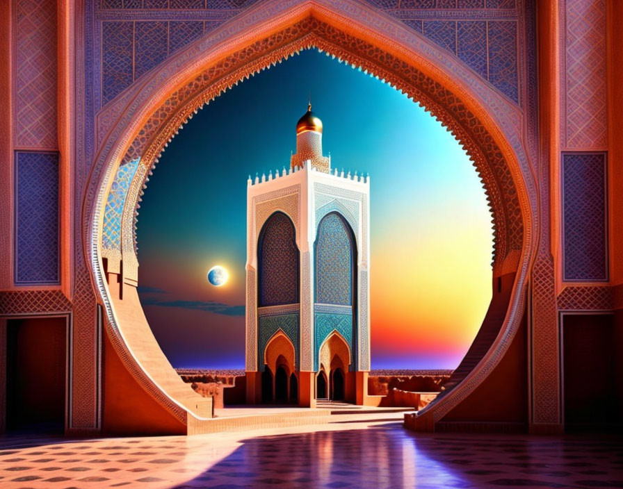 Intricately designed arched gateway to mosque with minaret under crescent moon