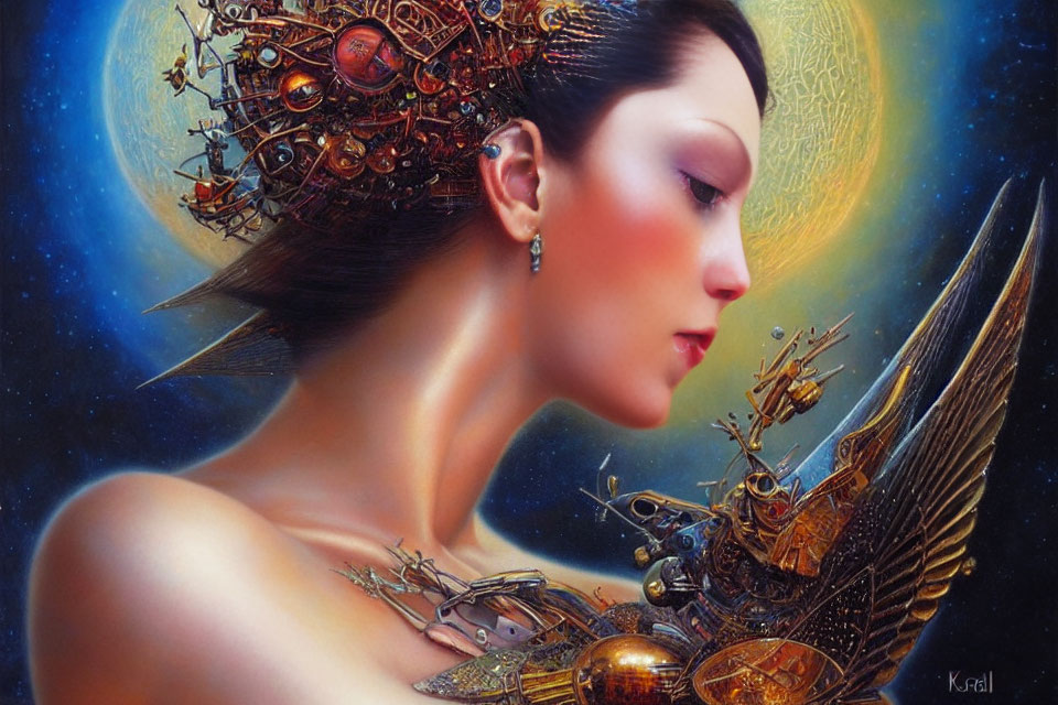 Surreal portrait of woman with ornate mechanical headdress & celestial backdrop