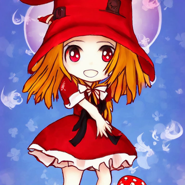 Anime-style character in red dress and hat with orange hair on blue background.