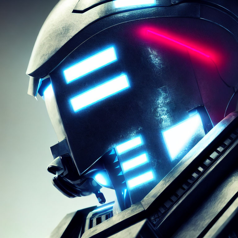 Futuristic helmet with neon blue visors and red glowing element