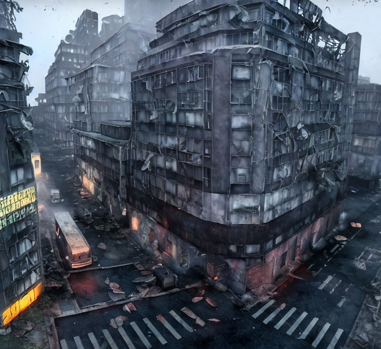 Dystopian cityscape with dilapidated buildings and debris-filled streets