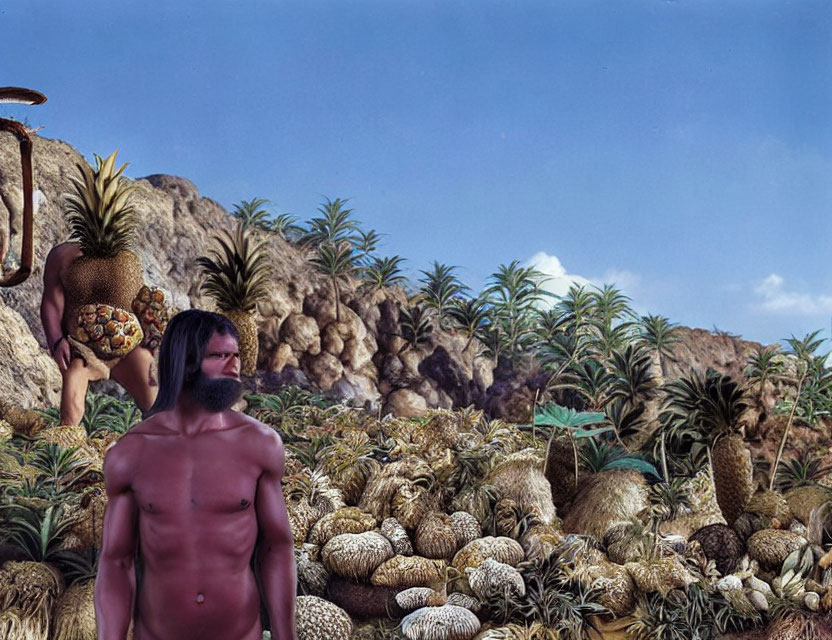 Shirtless man with long hair surrounded by pineapples in tropical scene