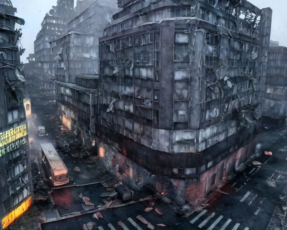 Dystopian cityscape with dilapidated buildings and debris-filled streets