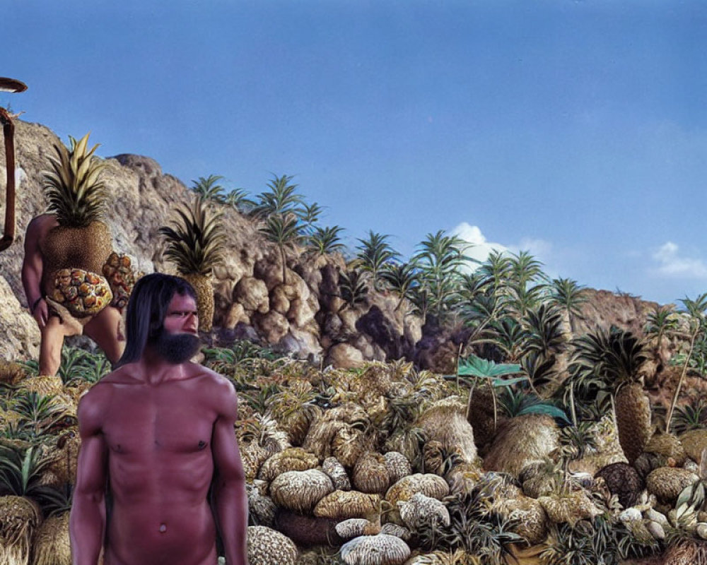 Shirtless man with long hair surrounded by pineapples in tropical scene