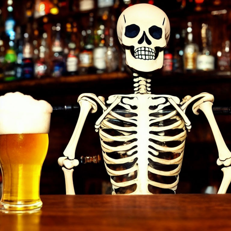 Skeleton model at bar with beer glass and shelves of bottles