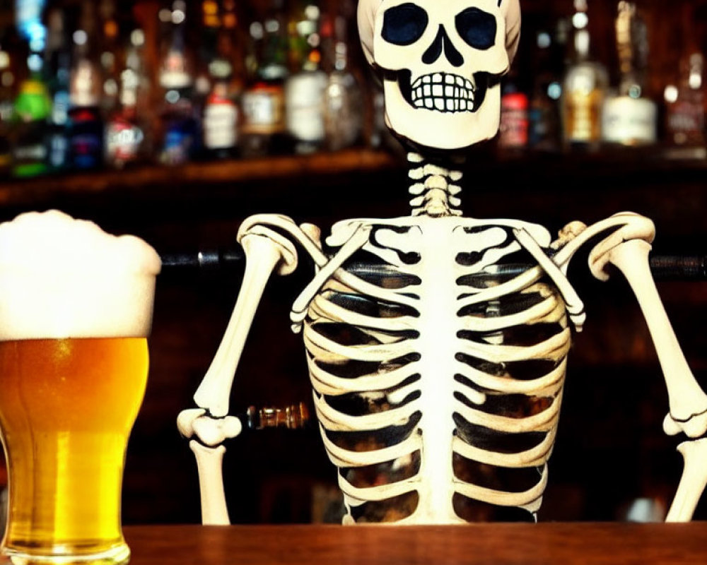 Skeleton model at bar with beer glass and shelves of bottles