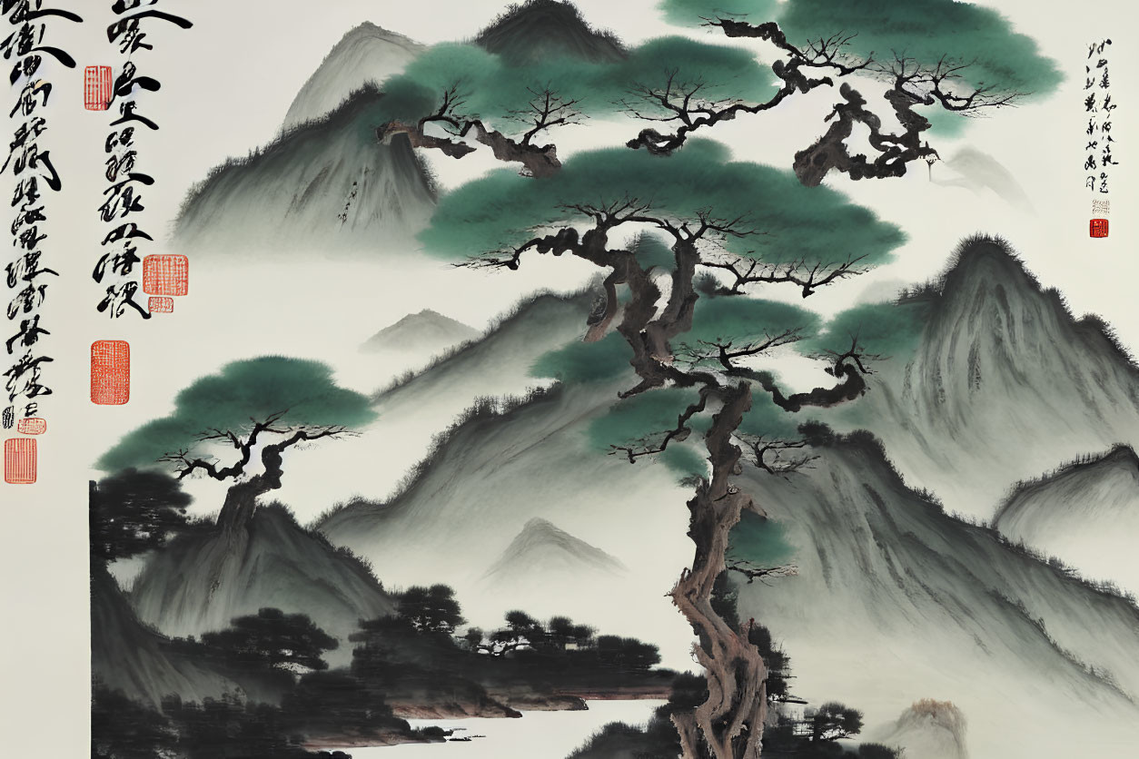 Majestic Chinese landscape ink painting with mountains, trees, river, calligraphy, red seals