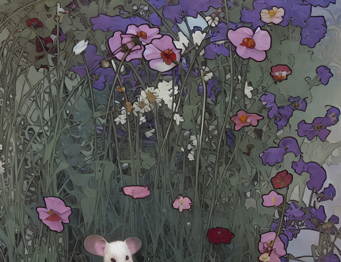 Whimsical mouse peeking among purple, pink, and white flowers