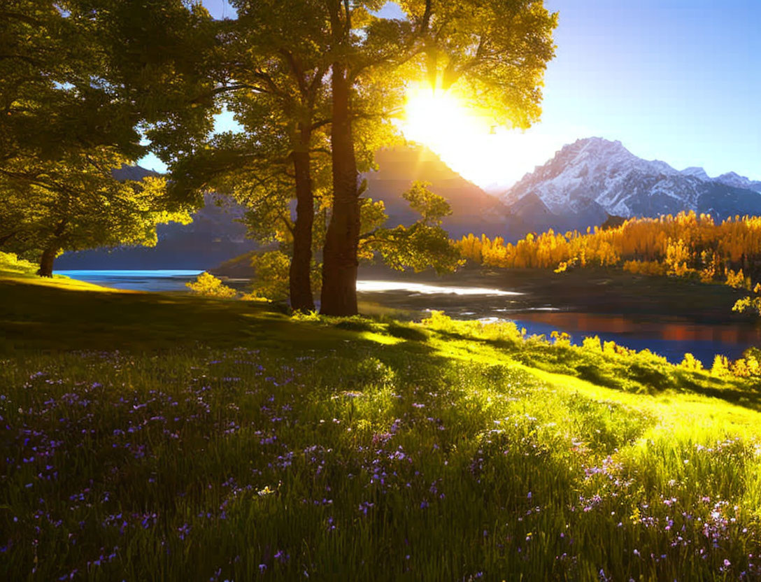 Scenic meadow with purple flowers, lake, and snowy mountains