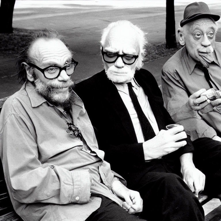 Three Elderly Men Sitting Together, Two Wearing Glasses, One Smoking