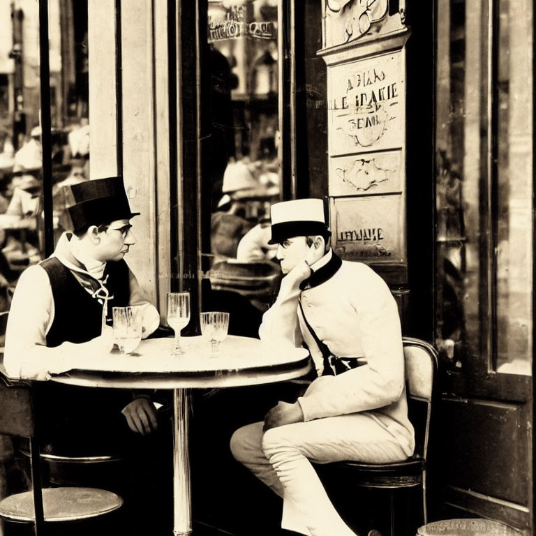 Vintage Attired Individuals at Cafe Table with Ornate Backdrop