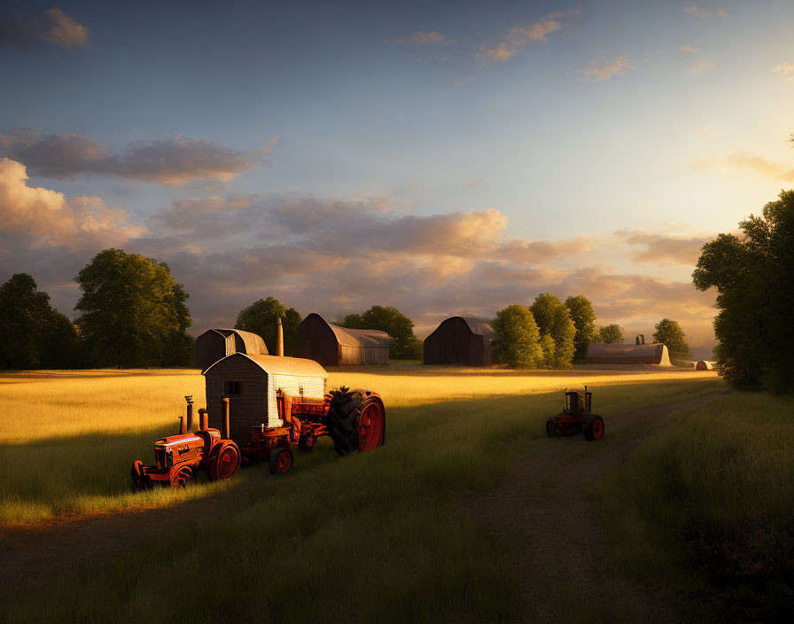 Tractors on Farmland with Barn and Silos at Sunset