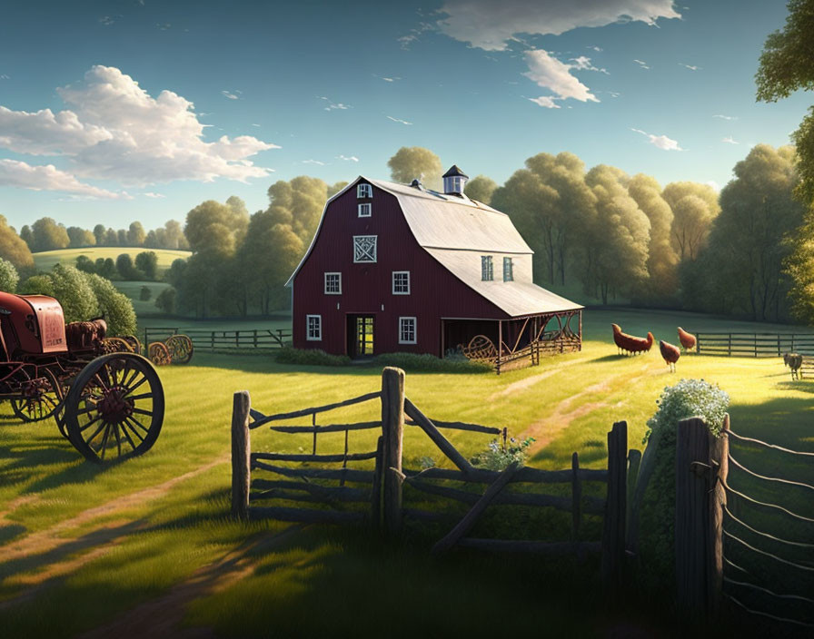 Rural farm landscape with red barn, vintage tractor, chickens, and lush green field