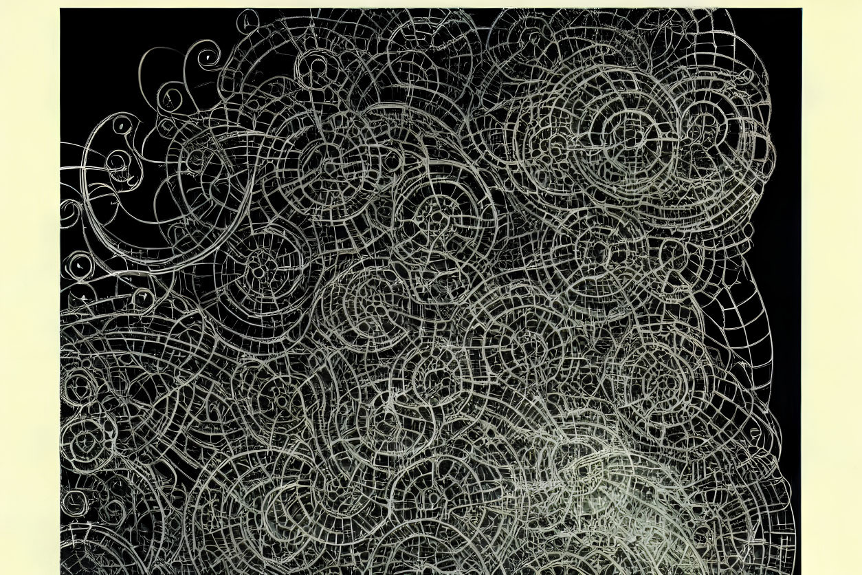 Detailed White Filigree Line Art on Black Background